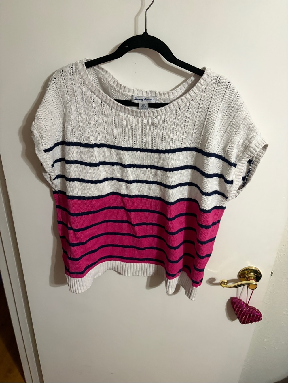 💜 Large Tommy Bahama Striped Knit Top with Navy & Hot Pink Accent